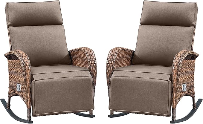 Belord Zero Gravity Swivel Rocking Recliner Chair - Wicker Outdoor Rocking Chairs Set of 2 with Adjustable Backrest & Footrest, Reclining Lounge Chair with Thick Cushion for Pool Deck Garden Grey