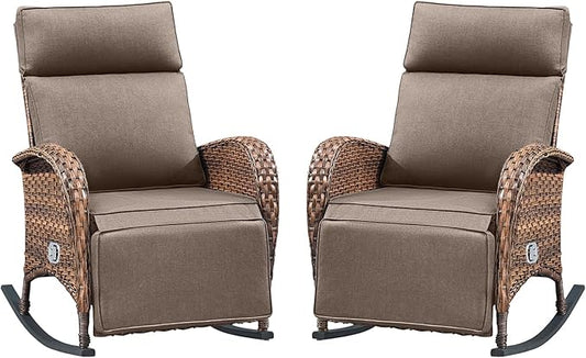 Belord Zero Gravity Swivel Rocking Recliner Chair - Wicker Outdoor Rocking Chairs Set of 2 with Adjustable Backrest & Footrest, Reclining Lounge Chair with Thick Cushion for Pool Deck Garden Grey