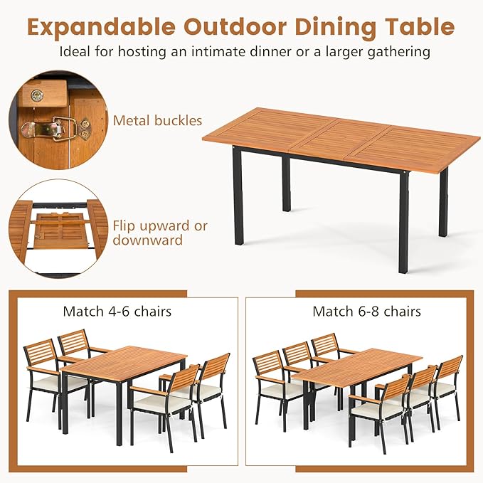 Tangkula 64 Inches Extendable Patio Dining Table for 4-8 People, Acacia Wood Outdoor Slatted Table with 1.97" Umbrella Hole & Metal Leg, Indoor/Outdoor Rectangular Table for Deck Garden Backyard