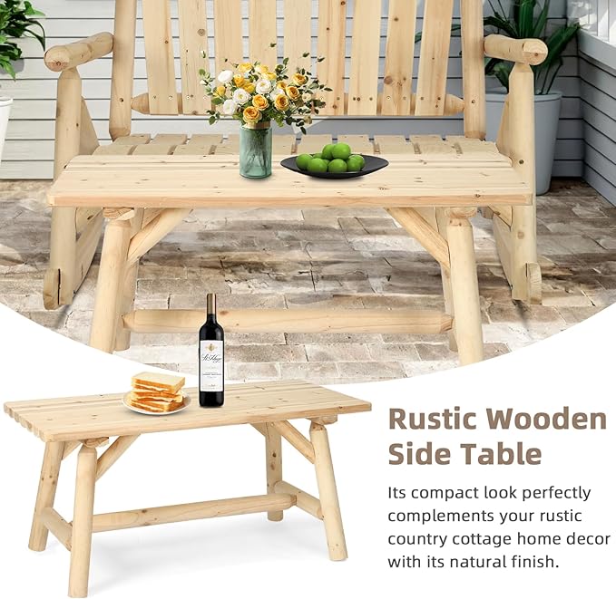 Outdoor Coffee Table, Thick Wooden Patio Adirondack Log Coffee Table with Slatted Tabletop, Solid Wood Rustic Rectangle Center Table for Deck, Garden, Balcony, Indoor or Outdoor Use, Natural