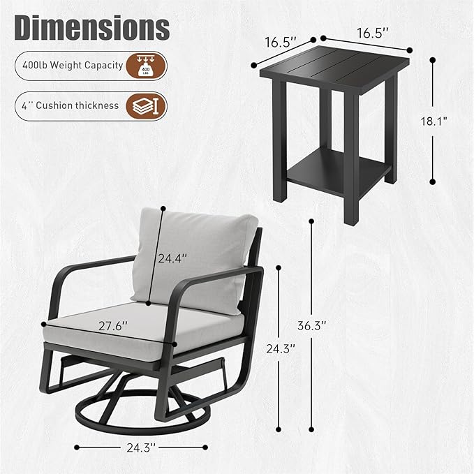 Patio Chairs Swivel Rocker Sets: 3Pieces Aluminum Alloy Ensemble 360° Swivel Rocking Chairs, Rust-Resistant Frame Cushions -Perfect for Backyard, Deck, Porch, and Balcony Decoration(2Swivels+1Table)