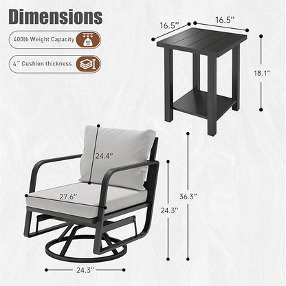 Patio Chairs Swivel Rocker Sets: 3Pieces Aluminum Alloy Ensemble 360° Swivel Rocking Chairs, Rust-Resistant Frame Cushions -Perfect for Backyard, Deck, Porch, and Balcony Decoration(2Swivels+1Table)