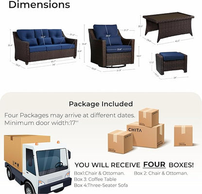 CHITA 6 Pieces Wicker Patio Furniture Set, Outdoor Conversation Set with 2 Pieces Rattan Rocking Swivel Chairs, 2 Pieces Ottomans and 3-Seater Sofa
