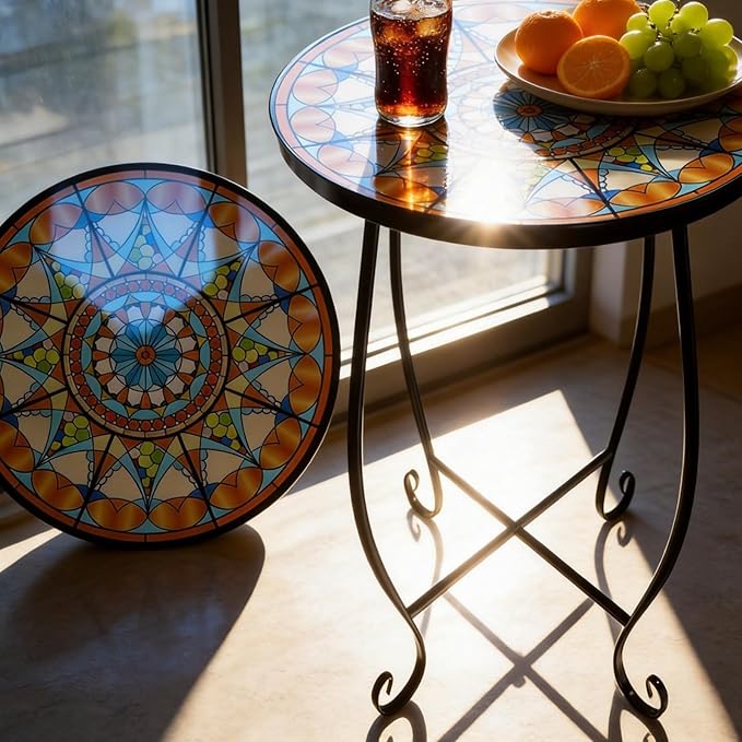 Set of 2 Mosaic Outdoor Side Tables Round, 15 Inch Height - Small Patio Table Set - Photo 2