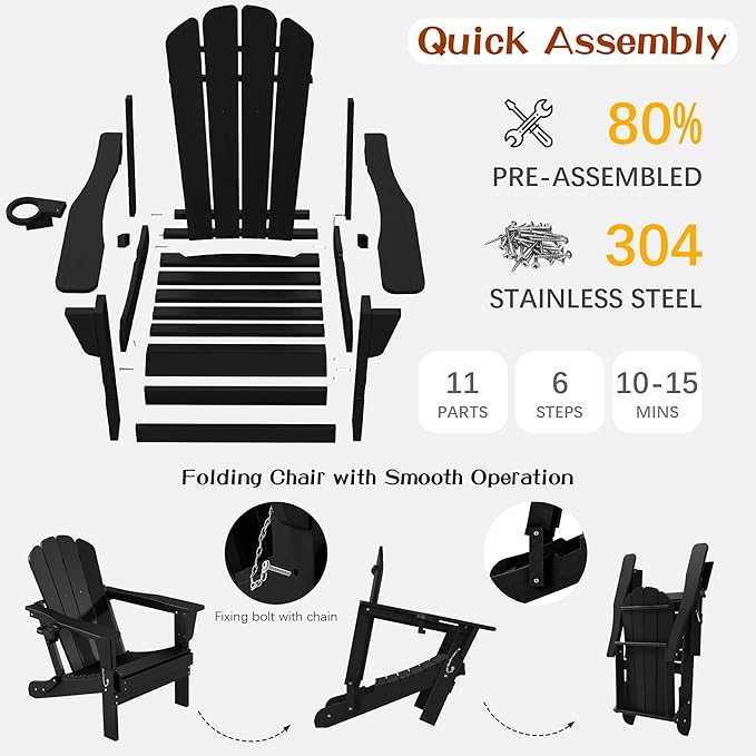 Domi Folding Adirondack Chair, HDPE All-Weather Adirondack Chairs with Cup Holder - Photo 4