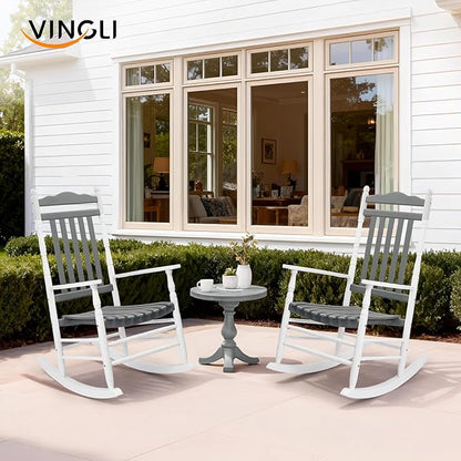 VINGLI Wooden Rocking Chair Outdoor, Patio Rockers with High Back, Support 450 LBS Rocking Chairs, for Porch, Patio, Balcony, Garden, Yard (White&Grey, 2 PCS)