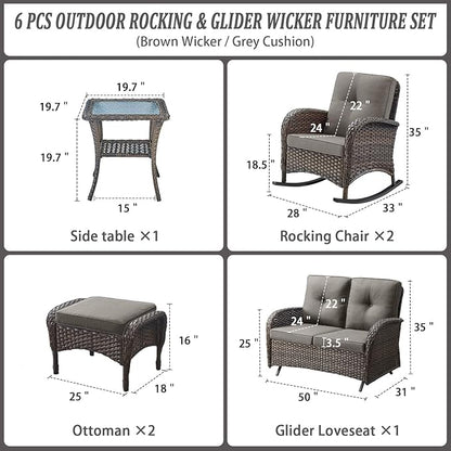 Belord 6 Pieces Outdoor Patio Furniture Set with Wicker Rocking Chairs, Rattan Patio Conversation Set with Glider Loveseat Ottomans and Side Table Brown/Grey