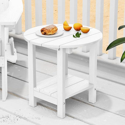 MXIMU Round Outdoor Side Table Adirondack Tables 18 Inch Chairside End Tables with Storage Shelf, 2-Tier Plastic Patio Side Table for Balcony Backyard Lawn (White, 1 Pack)