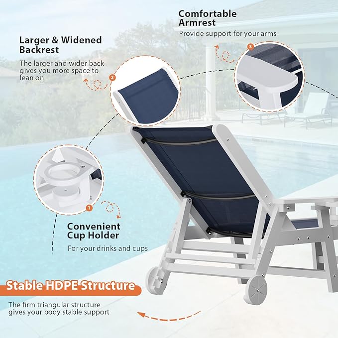 Outdoor Chaise Lounge Chair with Textilene Surface, 5-Position Adjustable Pool Lounge Chair with Wheels & Cup Holder - Photo 5