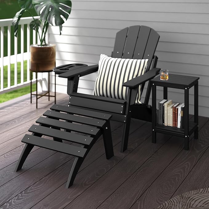 Adirondack Ottoman, Folding Adirondack Ottoman for Adirondack Chair, HDPE All Weather Outdoor Footstool for Patio, Backyard, Porch, Garden, Black