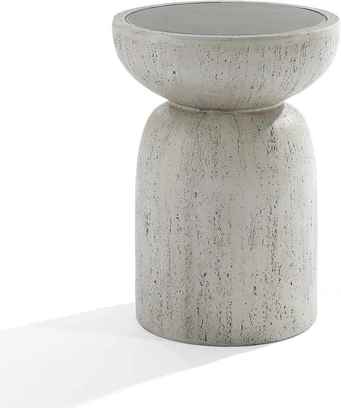 LuxenHome Rustic Outdoor Side Table, 20 Inch Concrete End Tables for Patio,Off White and Gray Weathered Round Table, Small Accent Table for Indoor Outdoor Use, Decorative Garden Stool