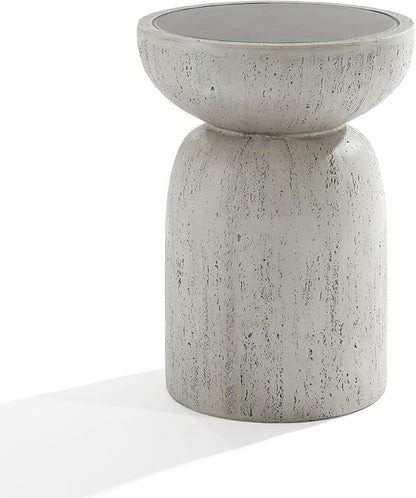 LuxenHome Rustic Outdoor Side Table, 20 Inch Concrete End Tables for Patio,Off White and Gray Weathered Round Table, Small Accent Table for Indoor Outdoor Use, Decorative Garden Stool