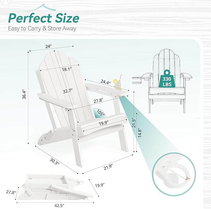 Foldable HDPE Adirondack Chairs Set of 2, Porch, Balcony, Patio, Weather Resistant Outdoor Furniture, Hidden Cup Holder, White