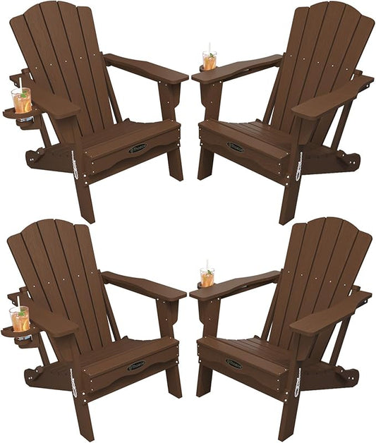 Folding Adirondack Chair Set of 4,HDPE All-Weather Outdoor Chair with Cup Holder,Wooden Textured,Fire Pit Chair,Plastic Patio Chair for Deck,Backyard,Garden,Lawn(Brown)