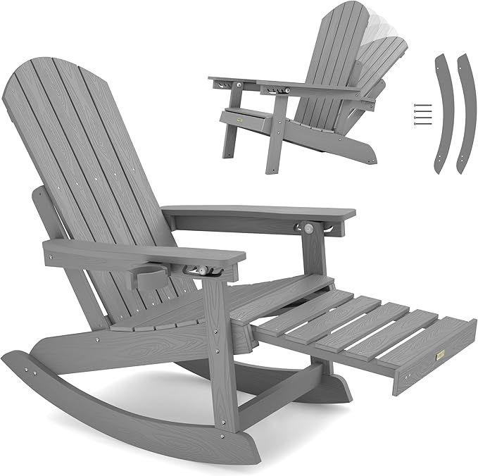 YEFU Adirondack Chairs with Retractable Ottoman: Oversize Adirondack Rocking Chairs - 5-Level Adjustable High Back - Outdoor Rocker with Cup Holder for Porch/Gardens/Lawn/Patio/Backyard/Grey