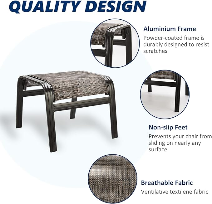 Outdoor Patio Foot Rest Ottoman Seat Textilene Portable Metal Footstool Portable Patio Chairs 2 Set Brown - Photo 4