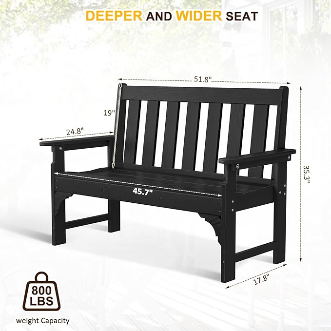 nalone Outdoor Bench, HDPE All Weather Patio Bench Load up to 800 Lbs, 2-Person Garden Bench Rot-Proof Fade Proof for Patio, Porch, and Park (Black)