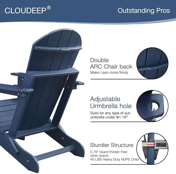Folding Adirondack Chairs Set of 2, HDPE Plastic Adirondack Chair with Cup Holder Weather Resistant, Wood Texture Outdoor Fire Pit Chairs for Patio Garden,Poolside and Deck, Umbrella Hole, Dark Blue