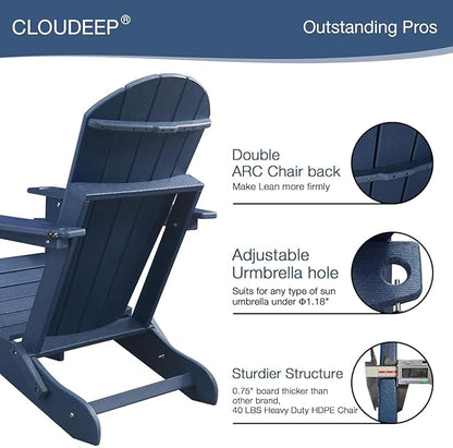 Folding Adirondack Chairs Set of 2, HDPE Plastic Adirondack Chair with Cup Holder Weather Resistant, Wood Texture Outdoor Fire Pit Chairs for Patio Garden,Poolside and Deck, Umbrella Hole, Dark Blue