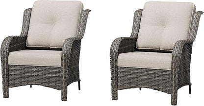 Patio Chairs Set of 2, Outdoor Wicker Patio Furniture Set with Thickened Olefin Cushions, High Back and Deep Seating, Wide Curved Armrest Hand-Woven PE Rattan for Porch, Deck, Beige