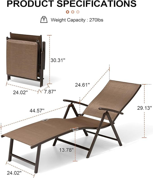 Crestlive Products Chaise Lounge Chair Outdoor Set of 2, Aluminum Folding Patio Recliner Chair, Adjustable 8 Positions Assemble-Free Perfect for Beach, Yard, Pool, Deck