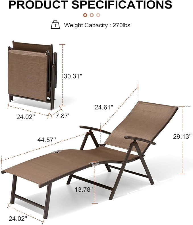Crestlive Products Folding Patio Chaise Lounge Chair Outdoor, Aluminum Adjustable Outdoor Pool Recliner Chair, Assemble-Free, 8 Positions