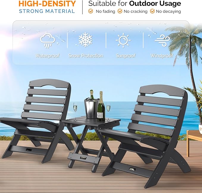 VINGLI Small HDPE Folding Side Table, Plastic Waterproof Portable Adirondack Coffee End Tables, All Weather for Patio, Backyard, Pool, Indoor Use, Slats Style, Black