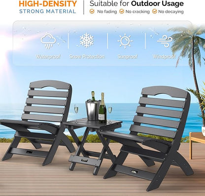 VINGLI Small HDPE Folding Side Table, Plastic Waterproof Portable Adirondack Coffee End Tables, All Weather for Patio, Backyard, Pool, Indoor Use, Slats Style, Black