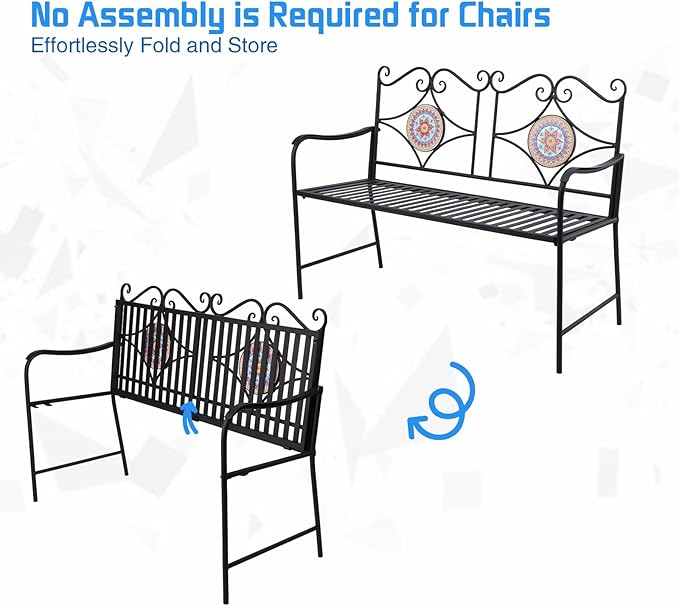 Vipush Outdoor Mosaic Benches - 47Inch Cast Iron Steel Frame Garden Bench Patio Furniture Chair Outdoor Bench Floral Design Backrest, Slatted Seat for Park, Yard & Porch