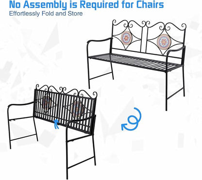 Vipush Outdoor Mosaic Benches - 47Inch Cast Iron Steel Frame Garden Bench Patio Furniture Chair Outdoor Bench Floral Design Backrest, Slatted Seat for Park, Yard & Porch