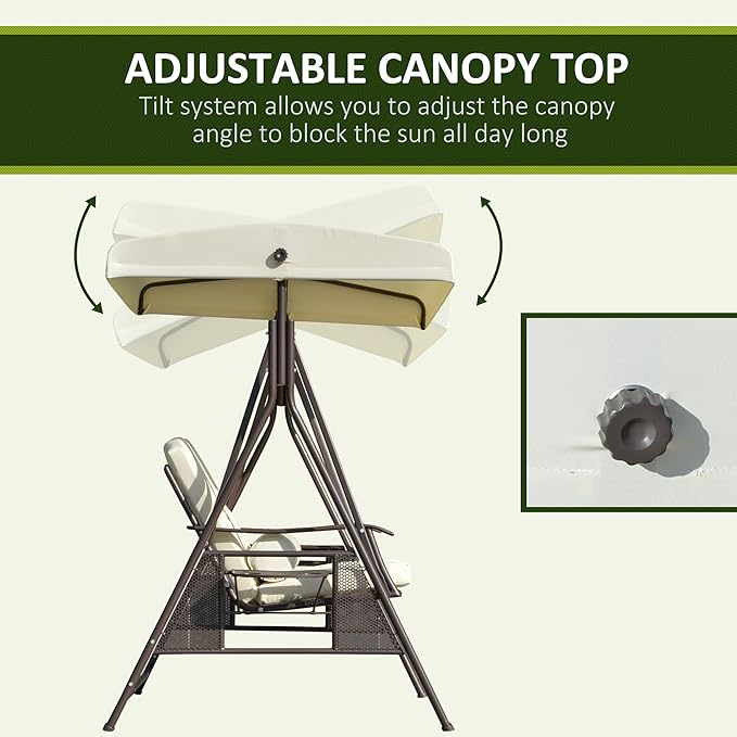 Outsunny 2-Person Patio Swing Bench with Adjustable Shade Canopy, Soft Cushions, Throw Pillows and Tray, Beige.