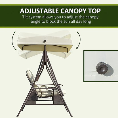 Outsunny 2-Person Patio Swing Bench with Adjustable Shade Canopy, Soft Cushions, Throw Pillows and Tray, Beige.