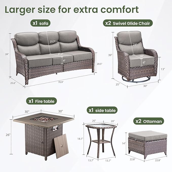 Luxury Patio Furniture Set with 6-inch Thick Cushion, Outdoor Furniture with Fire Pit Table, Swivel Chairs, Sofa - Photo 4