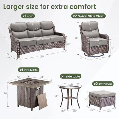 Luxury Patio Furniture Set with 6-inch Thick Cushion, Outdoor Furniture with Fire Pit Table, Swivel Chairs, Sofa, Side Table, Ottomans, 7pcs Wicker Conversation Set for Deck Yard and Poolside(Grey)