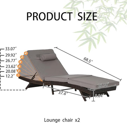 Outdoor Lounge Chairs Set of 2,Wicker Chaise Lounge Chair Pool Chaise Lounge,Patio Lounge Chair with Adjustable Backrest Arm Cushion for Poolside