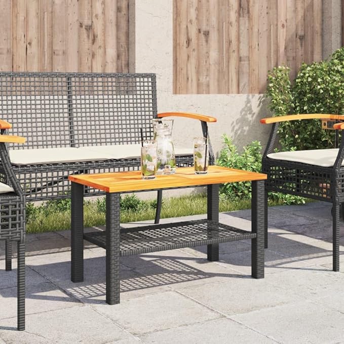 Outdoor Garden Coffee Table, Synthetic Poly Rattan Rectangular Side Table, Modern Patio Furniture for Balcony, Yard, Deck, Black and Brown, 27.6 x 15 x 16.5 Inches