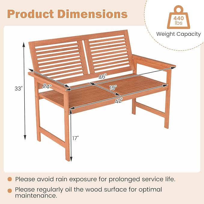 Tangkula Outdoor Wood Bench, 2-Person Heavy Duty Patio Loveseat Chair with Slatted Backrest and Seat, Outisde Wooden Bench for Front Porch, Lawn, Park and Backyard