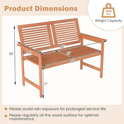 Tangkula Outdoor Wood Bench, 2-Person Heavy Duty Patio Loveseat Chair with Slatted Backrest and Seat, Outisde Wooden Bench for Front Porch, Lawn, Park and Backyard