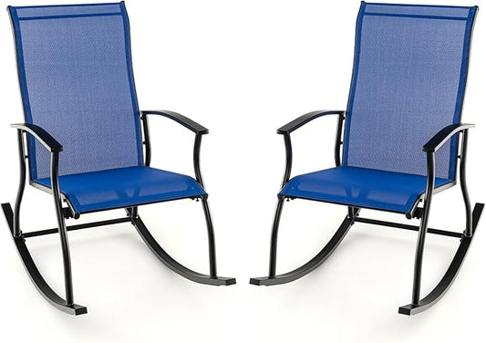 Giantex Outdoor Rocking Chair Set of 2 - Patio Rocking Chairs w/Breathable Backrest, Sturdy Metal Frame & Safe Ergonomic Design, Cozy Fabric Rocker for Backyard, Poolside, 330 lbs, Navy