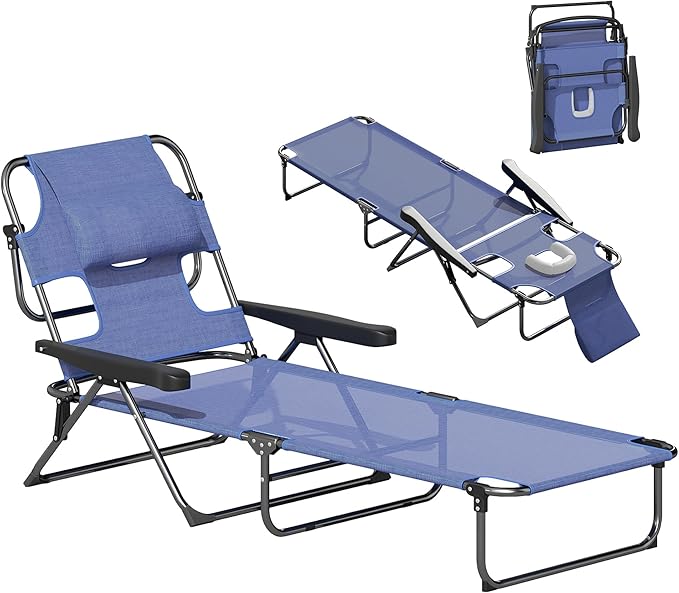 Outsunny Tanning Chaise Lounge Chair, 4-Position Beach Chair with Face & Arm Holes, Pillow headrest - Photo 1
