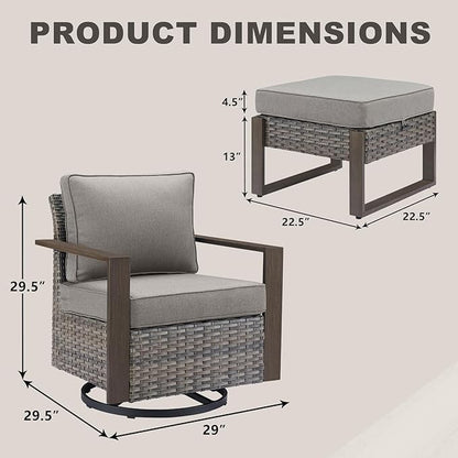 Rilyson Outdoor Wicker Patio Furniture Set - 4 Piece Patio Conversation Set with 2 Wicker Swivel Rocker Chairs,2 Rattan Ottoman, Thick Cushions, Deep Seating, Wide Armrest(Mixed Grey/Grey)