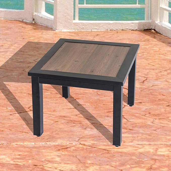 LOKATSE Home Outdoor Square Metal Coffee Side Table Patio Furniture with Wood Grain Top for Backyard, Deck, Lawn, Garden