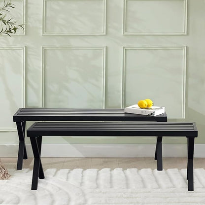 Outdoor Metal Backless Bench Set of 2, Weatherproof Patio Bench with Slatted Seat, X-Shaped Legs, All-Weather Garden Bench for Porch, Patio, Lawn and Backyard, Black
