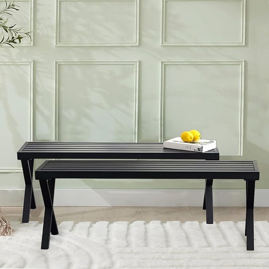 Outdoor Metal Backless Bench Set of 2, Weatherproof Patio Bench with Slatted Seat, X-Shaped Legs, All-Weather Garden Bench for Porch, Patio, Lawn and Backyard, Black