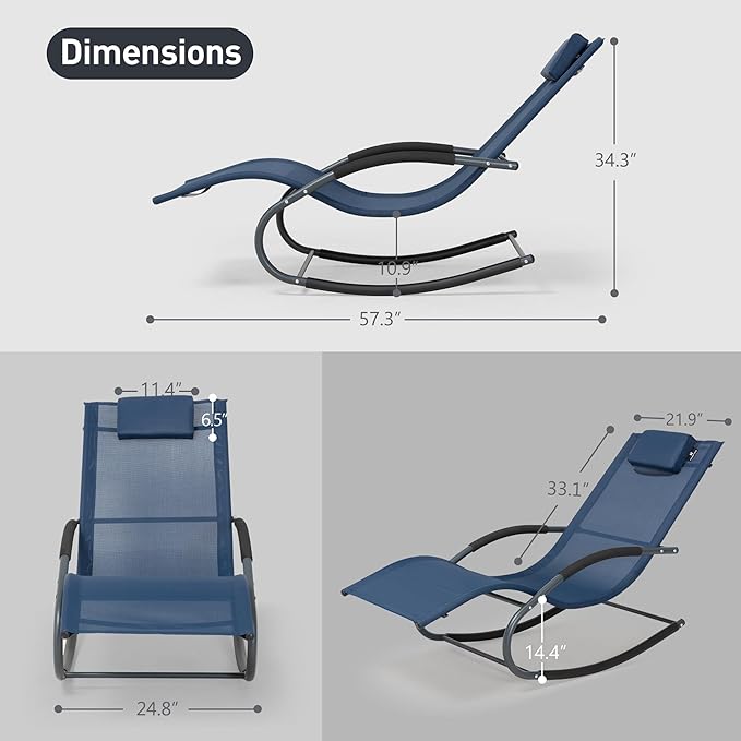 Outdoor Lounge Chair with Pillow, Pool Chaise Lounge Chair Set of 2, Navy Blue - Photo 2