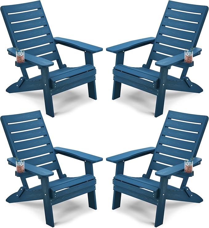 YEFU Adirondack Chair, Folding Adirondack Chairs Set of 4 with Arc Back & Cup Holder, Weather Resistant Plastic Oversized Chair for Outdoor Patio Lawn Garden Backyard Deck Fire Pit, Navy