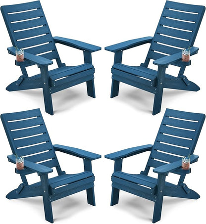 YEFU Adirondack Chair, Folding Adirondack Chairs Set of 4 with Arc Back & Cup Holder, Weather Resistant Plastic Oversized Chair for Outdoor Patio Lawn Garden Backyard Deck Fire Pit, Navy