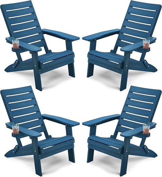 YEFU Adirondack Chair, Folding Adirondack Chairs Set of 4 with Arc Back & Cup Holder, Weather Resistant Plastic Oversized Chair for Outdoor Patio Lawn Garden Backyard Deck Fire Pit, Navy