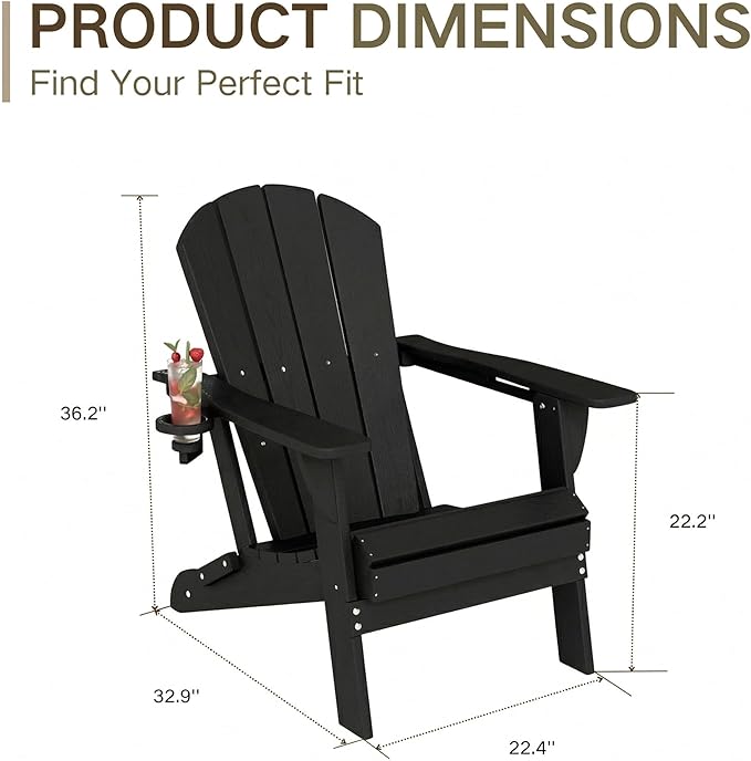 Kingdura Folding Adirondack Chairs Set of 2, Portable HDPE All Weather Resistant Outdoor Patio Chair, Wooden Textured with Cup Holder, 380LBS Capacity for Poolside, Backyard, Fire Pit (Black)