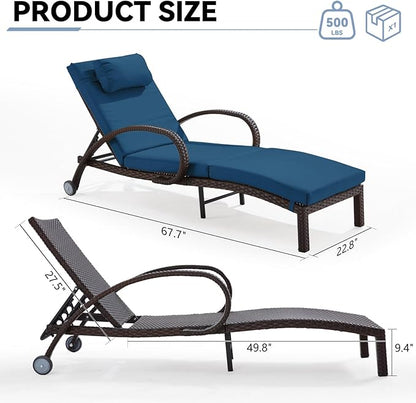 Pool Outdoor Lounge Chairs Set of 2,Outdoor Chaise Lounge w/ 5 Adjustable Back,Wicker Patio Pool Lounge Chair with Wheels for Poolside Deck Lawn,Peacock Blue